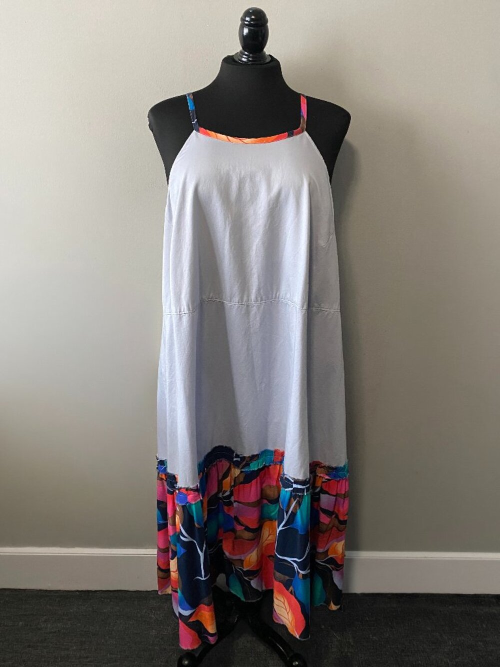 Handmade Plus Size Cotton Viscose Light Blue Multicolour Pattern Strappy Dress